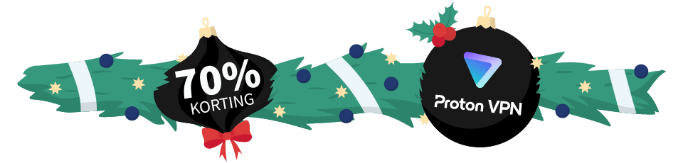 Kerstkrans met twee kerstballen met daarop het ProtonVPN logo en de tekst "70% korting"