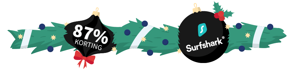 Kerstkrans met twee kerstballen met daarop het Surfshark logo en de tekst "87% korting"