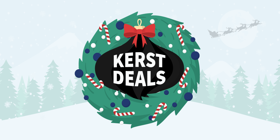 Kerstkrans met een kerstbal met de tekst "Kerstdeals" op een winterse achtergrond