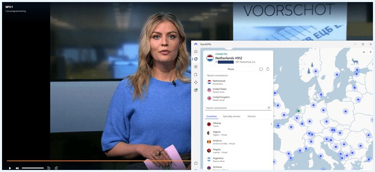 Het Nos Journaal op NPO Start gedeblokkeerd met NordVPN en een Nederlandse VPN-server