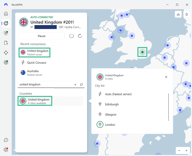 Een screenshot van de NordVPN app verbonden met een Britse server