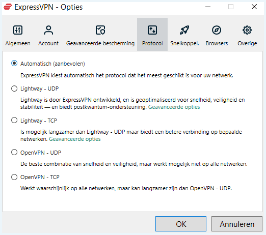 Protocolkeuze in de Windows app van ExpressVPN