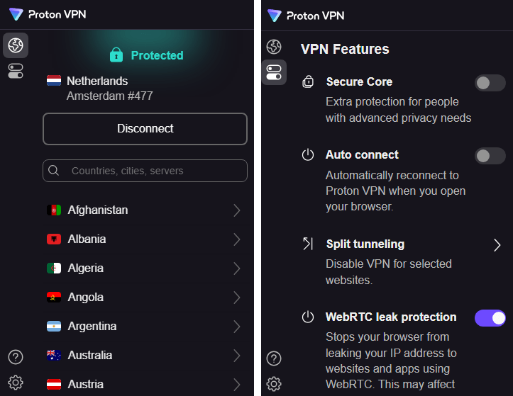 Homepage en instellingenscherm van Proton VPN's browser extensie voor Chrome