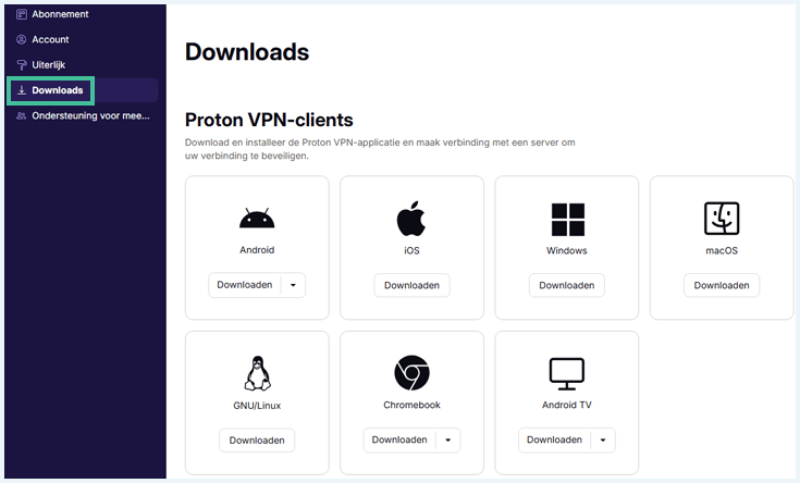 De verschillende apps van Proton in het online dashboard