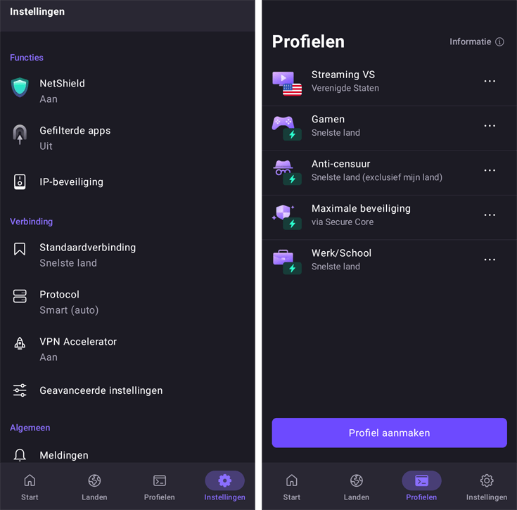 Proton VPN android app met instellingen (links) en profielen (rechts)