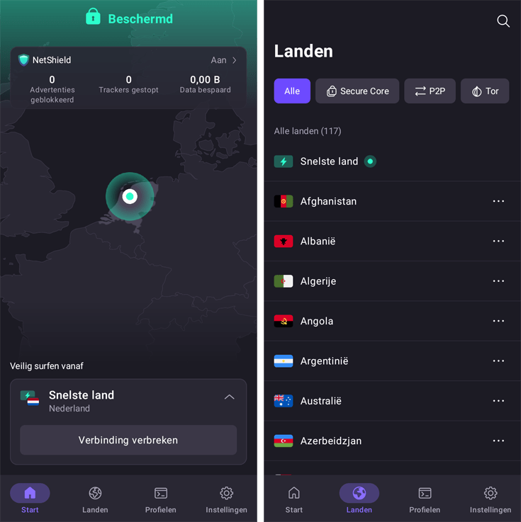 Proton VPN Android app met het menu om snel te verbinden links en het menu om een server te kiezen rechts