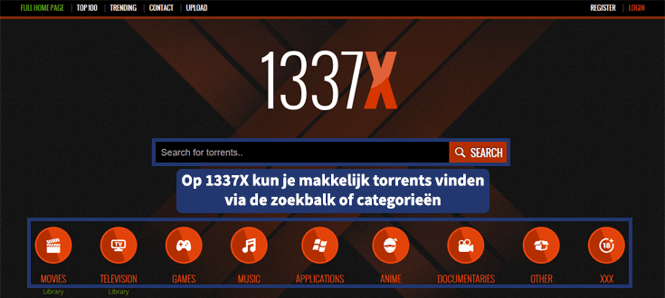 Website van 1337X met een tekstbox met extra informatie over de site