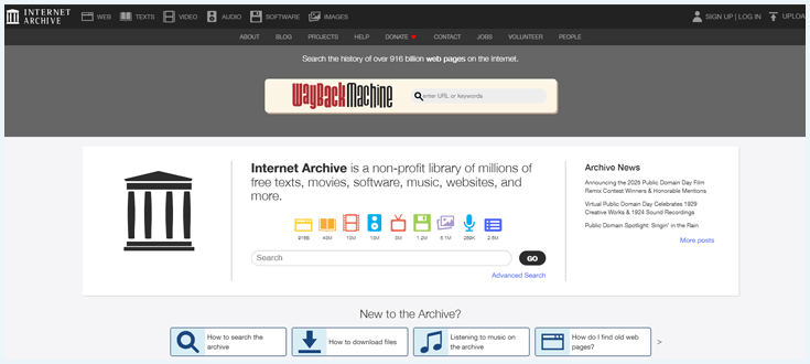 Homepage van de torrent site Internet Archive
