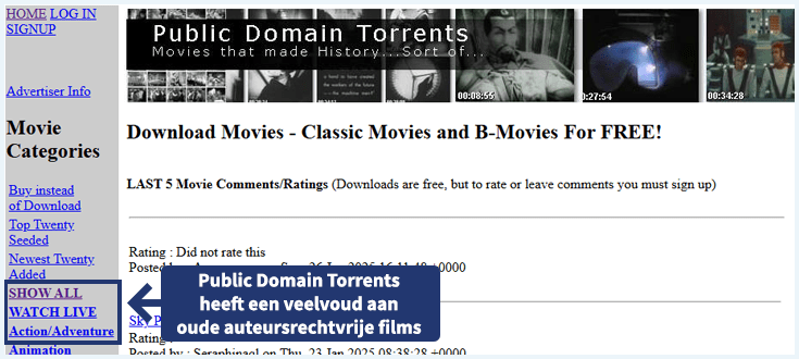 Website van Public Domain Torrents met een tekstbox met extra informatie over de site