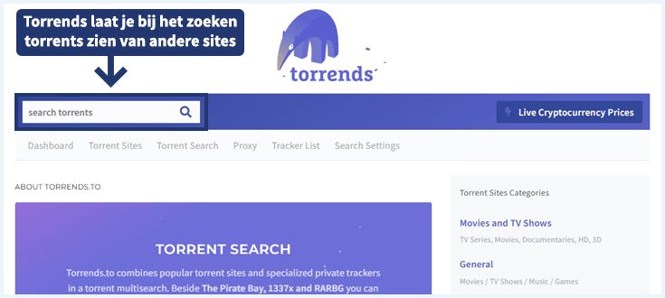 Website van Torrends met een tekstbox met extra informatie over de site
