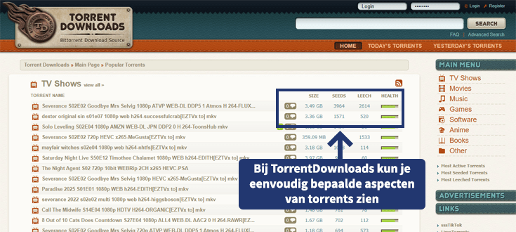 Website van TorrentDownloads met een tekstbox met extra informatie over de site