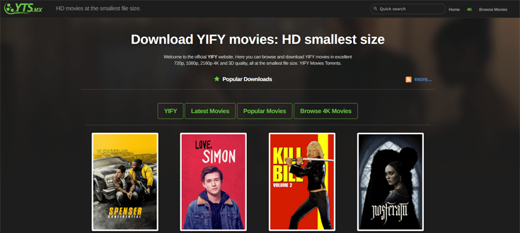 Homepage van de torrent site YTS