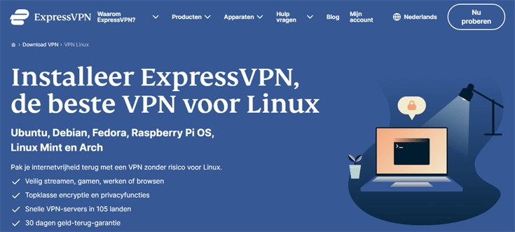 Landingspagina Linux op de website van ExpressVPN