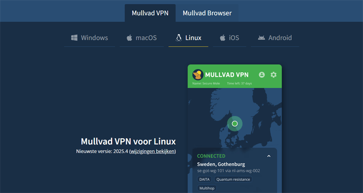 Landingspagina Linux op de website van Mullvad