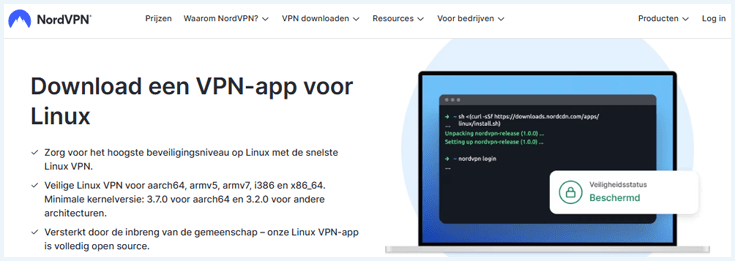 Landingspagina Linux op de website van NordVPN