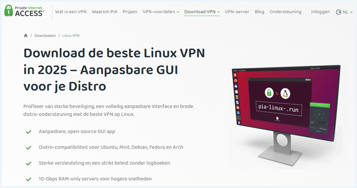 Landingspagina Linux op de website van PIA