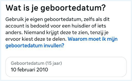 Screenshot van Instagram-aanmelding waar geboortedatum ingevuld moet worden