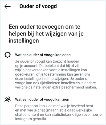 Instellingen van tieneraccount Instagram waar ouder of voogd toegevoegd kan worden voor wijzigingen