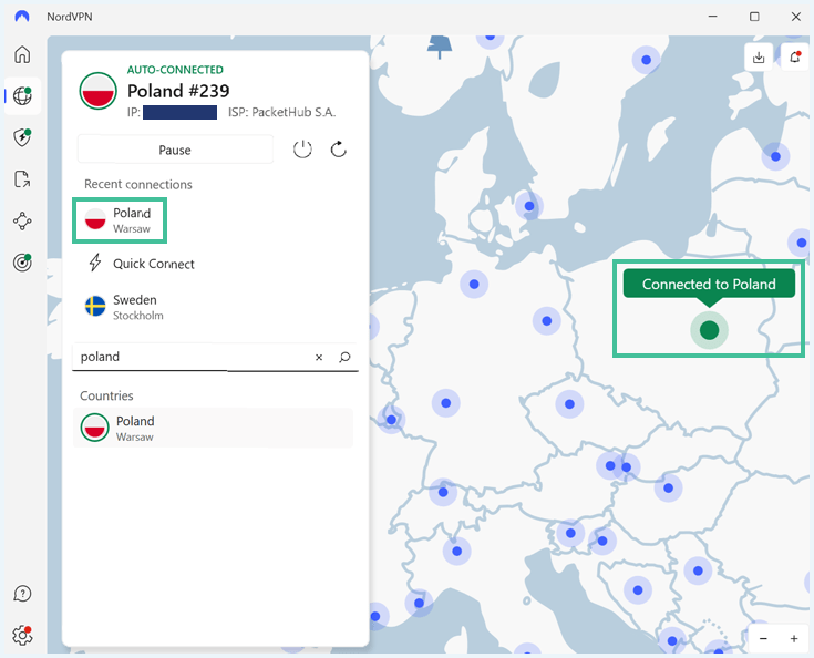 NordVPN interface laat verbinding met Poolse server zien