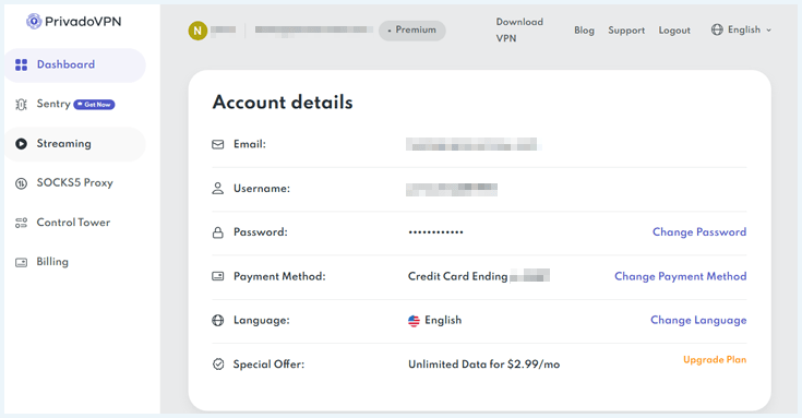 Accountpagina van PrivadoVPN met details van account