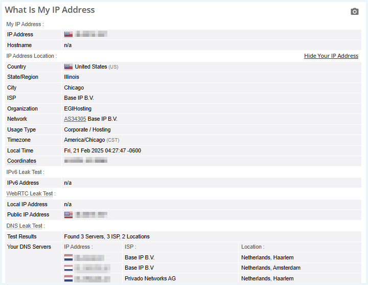 Uitslag DNS leaktest van PrivadoVPN