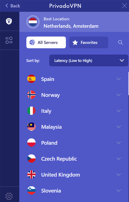 PrivadoVPN-app lijst met alle servers