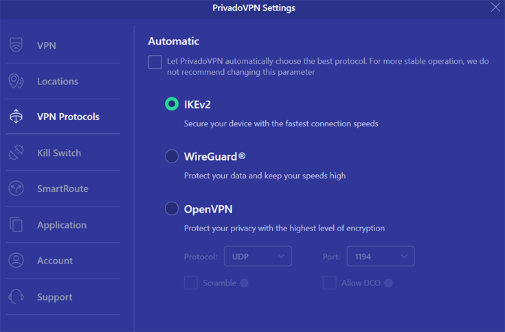 Instellingen van PrivadoVPN-app waar protocol geselecteerd kan worden