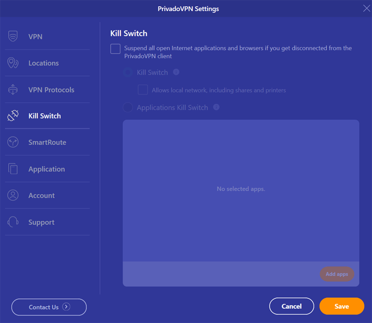 PrivadoVPN-app instellingen
