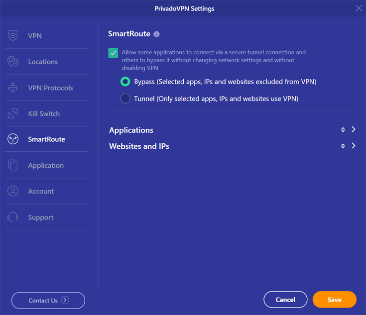 Instellingen van PrivadoVPN-app waar SmartRoute ingesteld kan worden