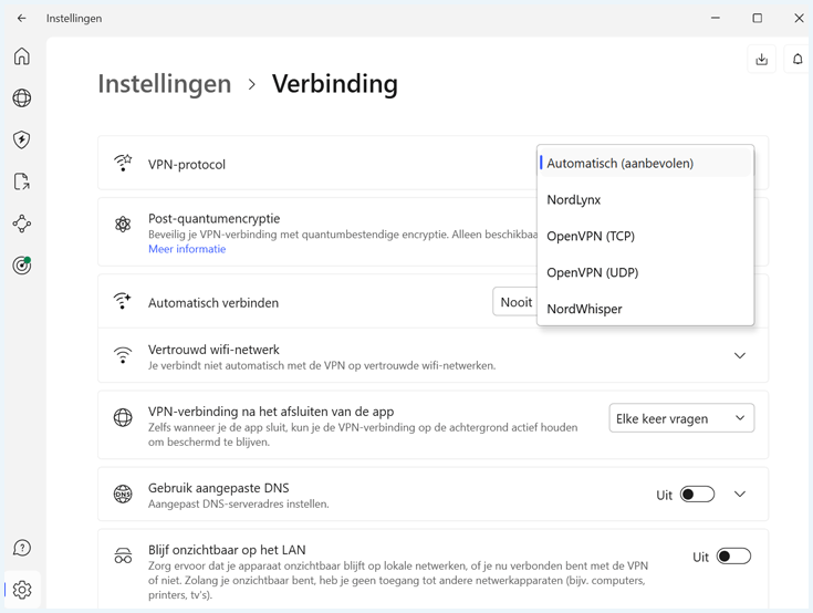 Screenshot van NordVPN app waar je verschillende protocollen kunt instellen