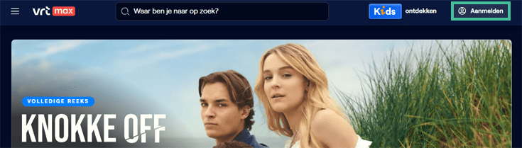 VRT Max homepage met aan zijkant mogelijkheid om aan te melden voor VRT profiel
