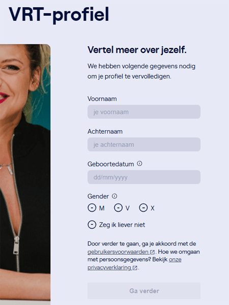 Aanmeldpagina VRT-profiel waar persoonlijke gegevens ingevuld moeten worden