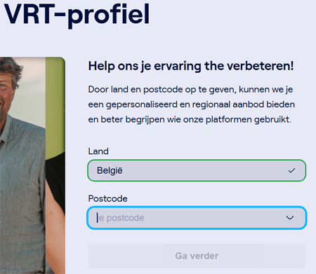 Aanmeldpagina VRT-profiel waar postcode ingevuld moet worden