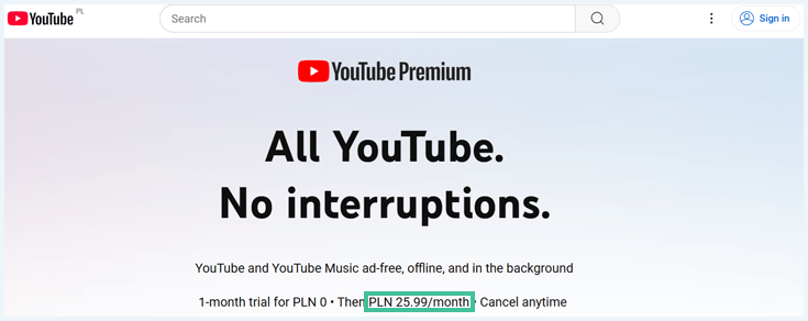 YouTube Premium website met Poolse valuta