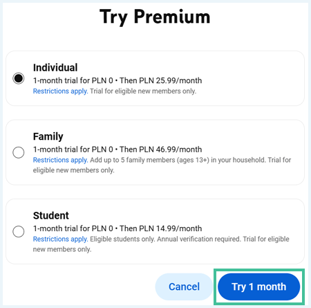 Overzicht van YouTube Premium abonnementen met 'Try 1 month' knop