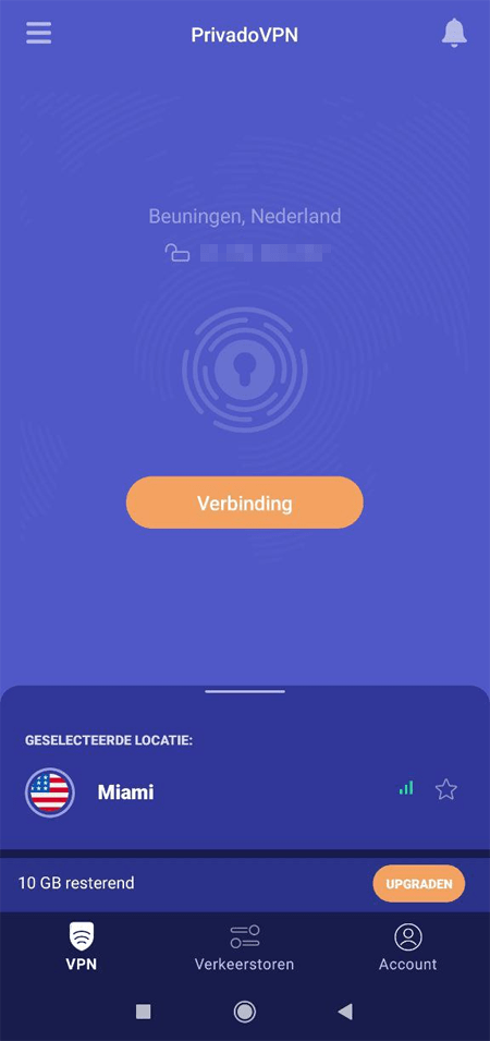 PrivadoVPN-app op mobiel