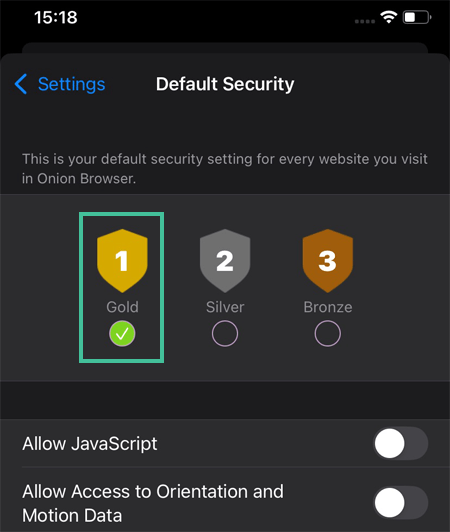 Default security settings van de onion browser met 'gold' geselecteerd