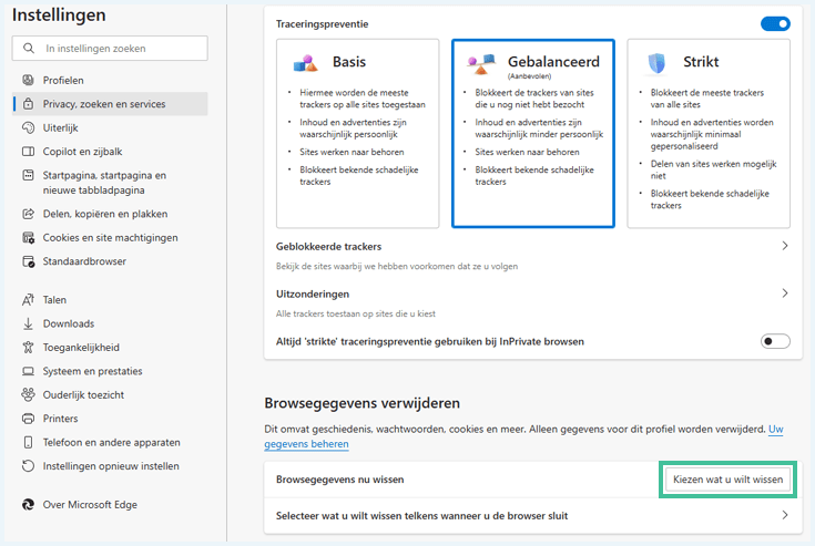 Microsfot Edge instellingen-menu waar je kunt aangeven welke browsegegevens je wilt wissen