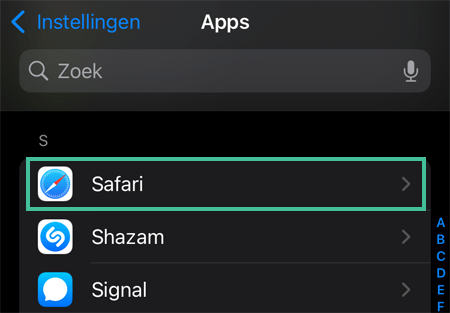 Instellingen-menu van Safari