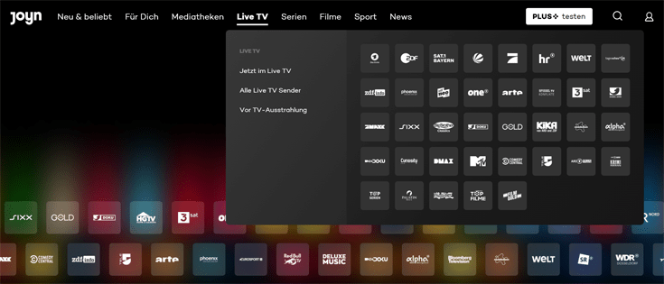 Overzicht van live TV kanalen op Joyn