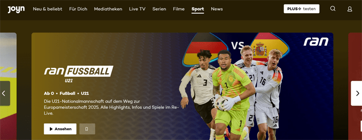 Overzicht van de Joyn sport-pagina