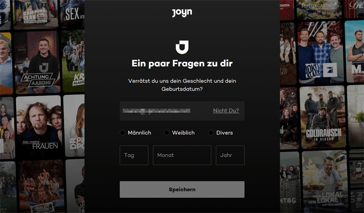 Account aanmaken op Joyn, vakken om geboortedatum en geslacht in te vullen
