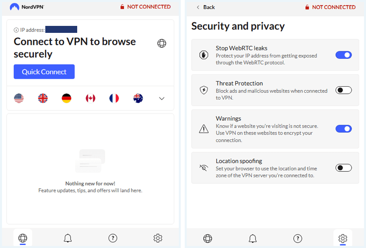 NordVPN Chrome extensie met rechts de instellingen