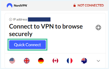 NordVPN browser extensie met button om verbinding te maken gehighlight