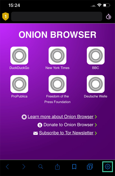 Onion browser met het instellingen icoon gehighlight