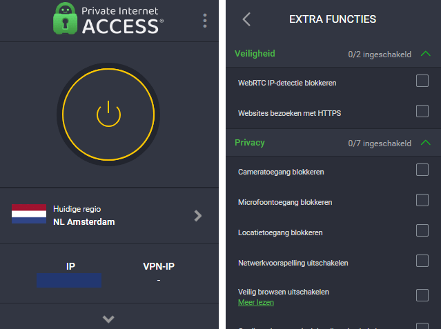 PIA Chrome extensie met rechts de mogelijke instellingen