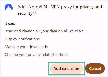 Pop up scherm om de NordVPN browser extensie te installeren