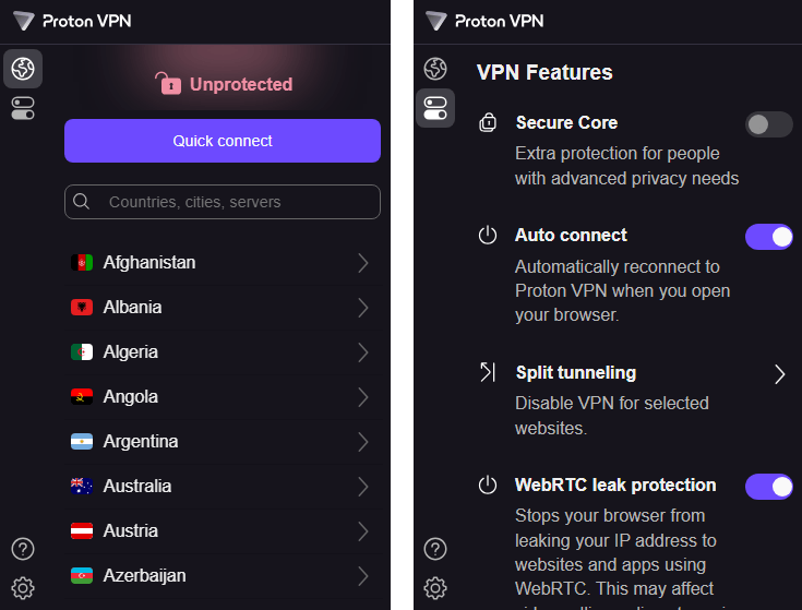 Proton's VPN-extensie met rechts de mogelijke instellingen