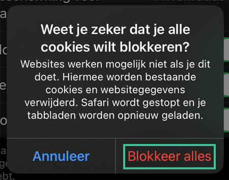 Safari-popup met mogelijkheid om alle cookies te blokkeren