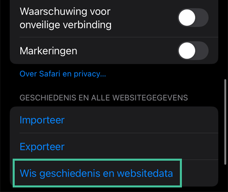 Safari instellingen-menu waar je geschiedenis en websitedata kunt wissen